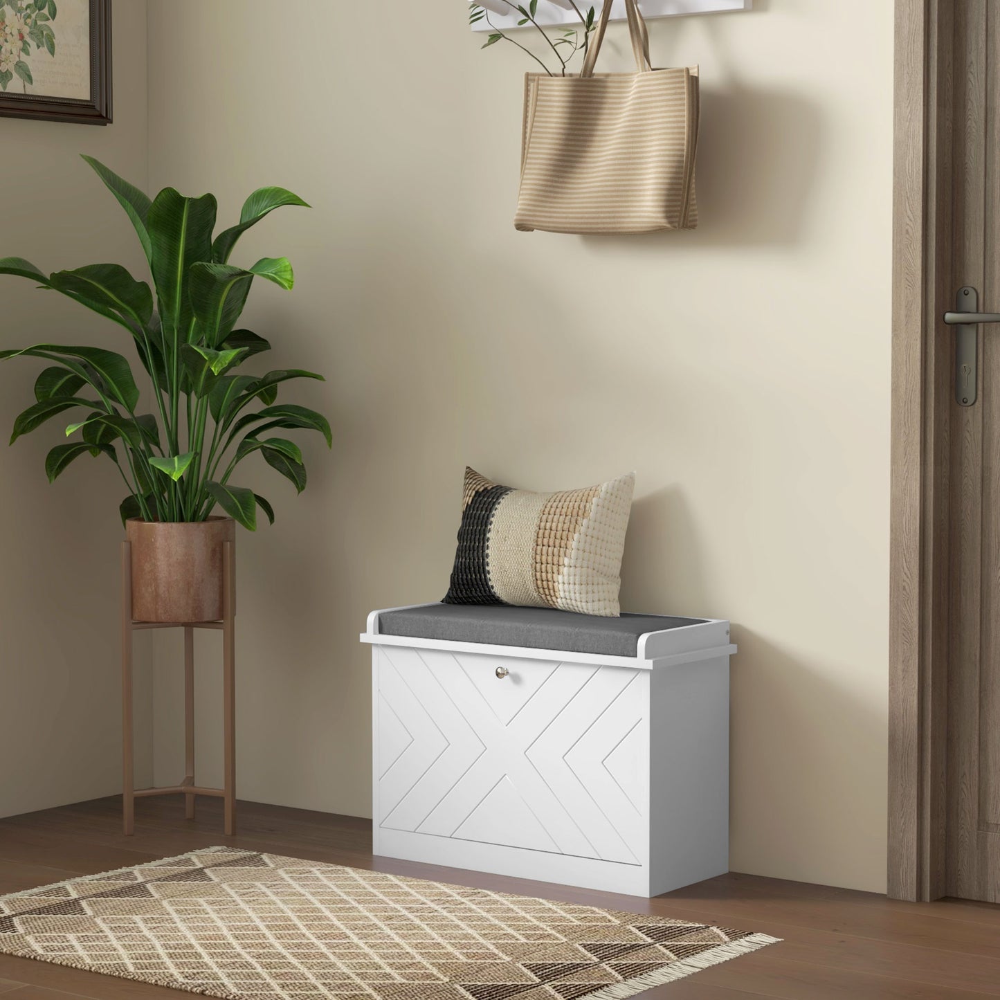 HOMCOM Upholstered Hallway Shoe Storage Bench with Flip Drawer, Adjustable Shelf