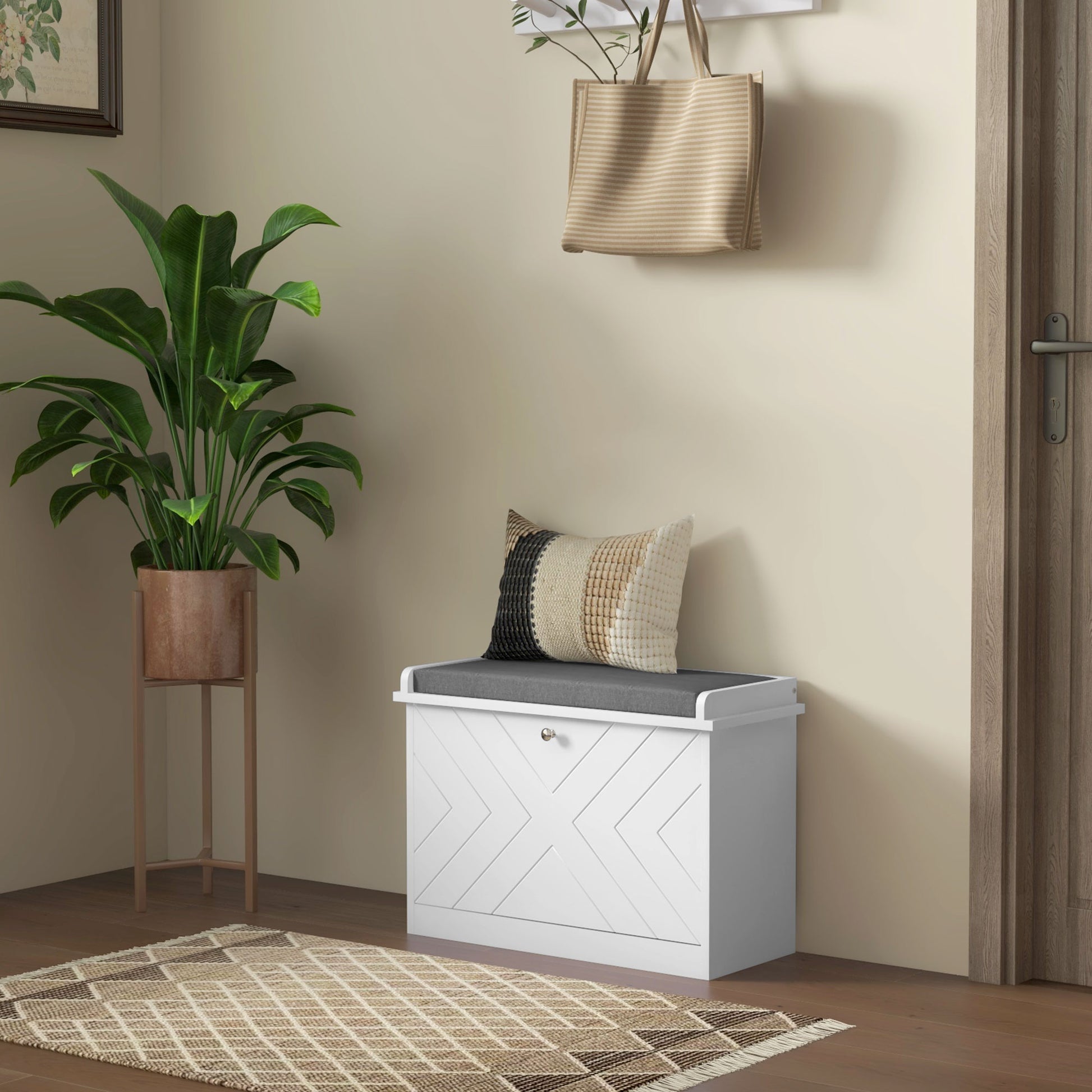 HOMCOM Upholstered Hallway Shoe Storage Bench with Flip Drawer, Adjustable Shelf