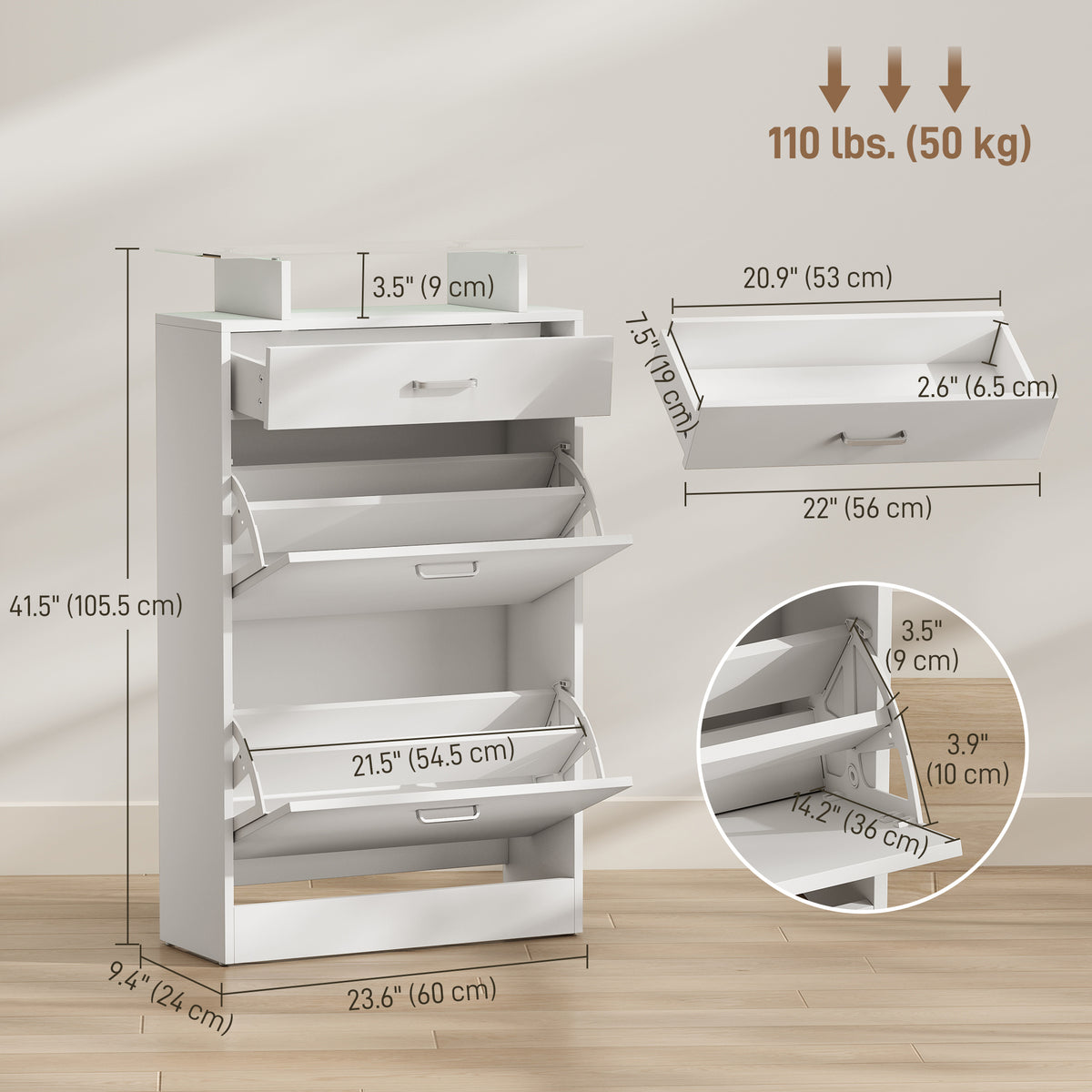 Slim Shoe Organizer Cabinet with 2 Flip Drawers – 24"W x 42"H