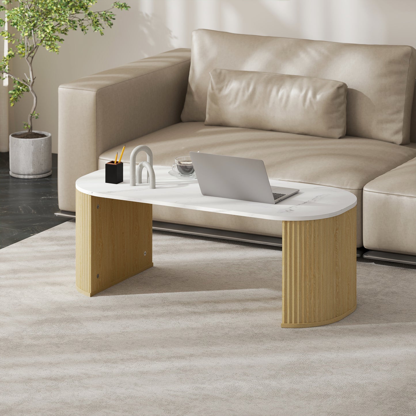 Modern Marble-Effect Coffee Table with Rounded Corners and Natural Wood Legs