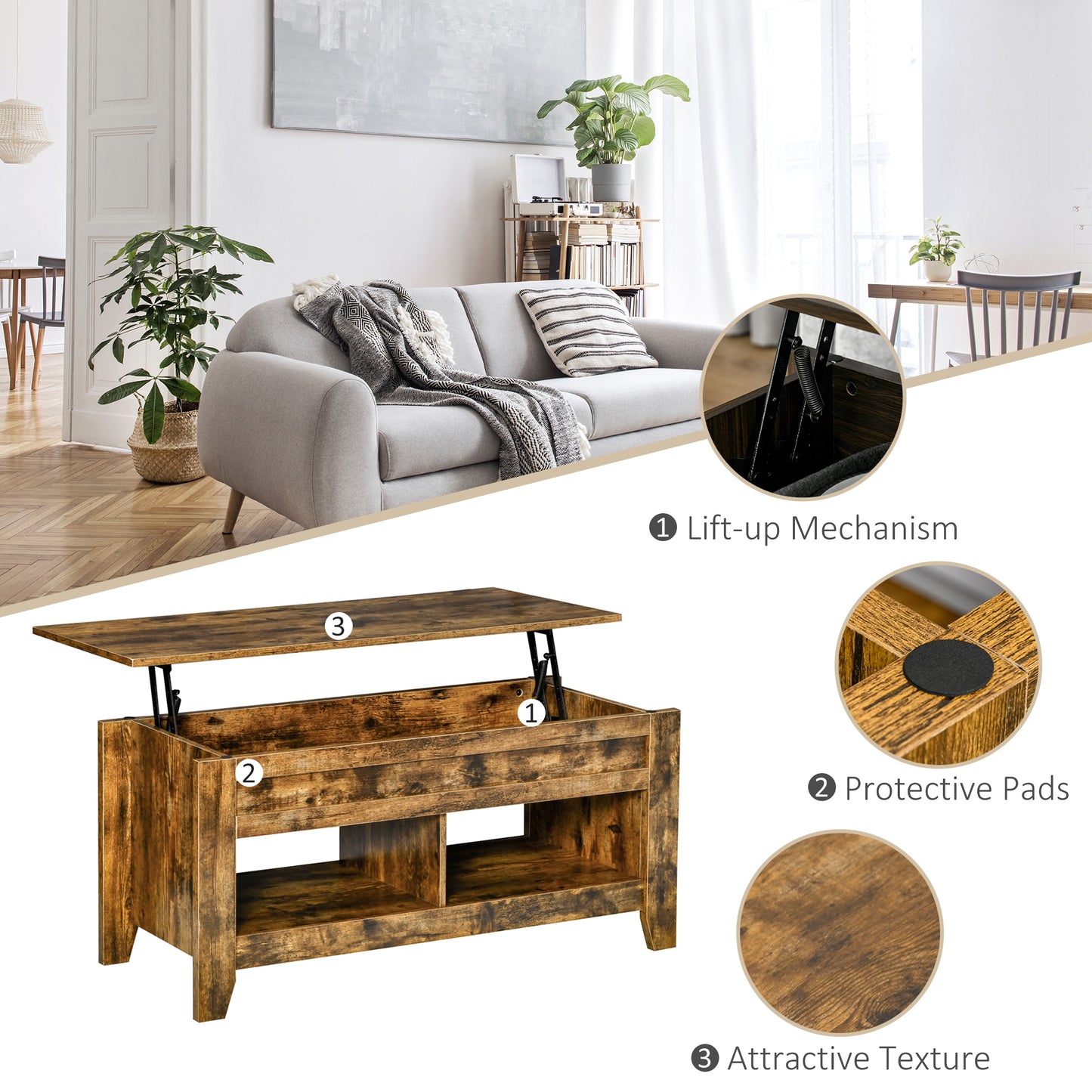 Modern Lift-Top Coffee Table with Hidden Storage & Open Shelves, Rustic Brown