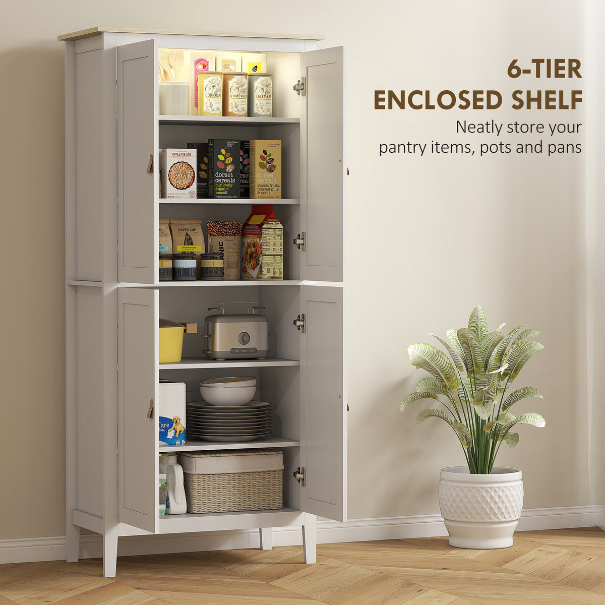 Tall Kitchen Pantry Storage Cabinet with Motion Sensor LED Light – 32"W x 70"H