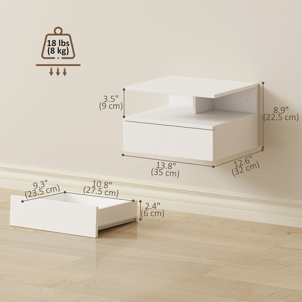Floating Nightstands with Drawer and Shelf, Set of 2 – 14"W x 9"H