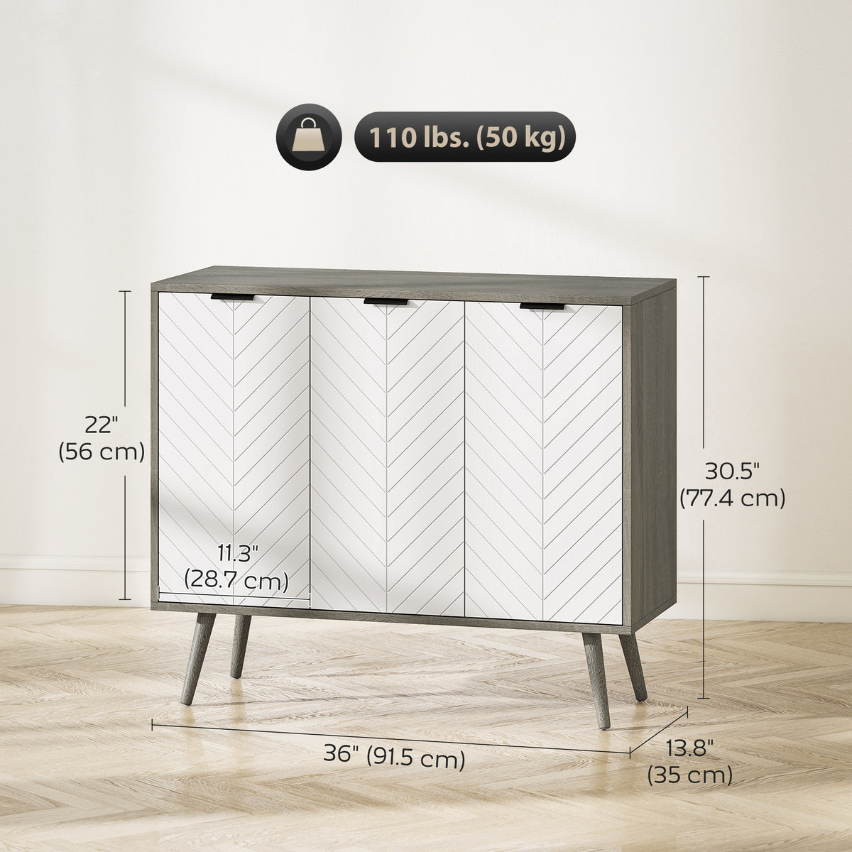 Modern Sideboard and Buffet with Adjustable Shelves and 3 Doors – 36"W x 31"H