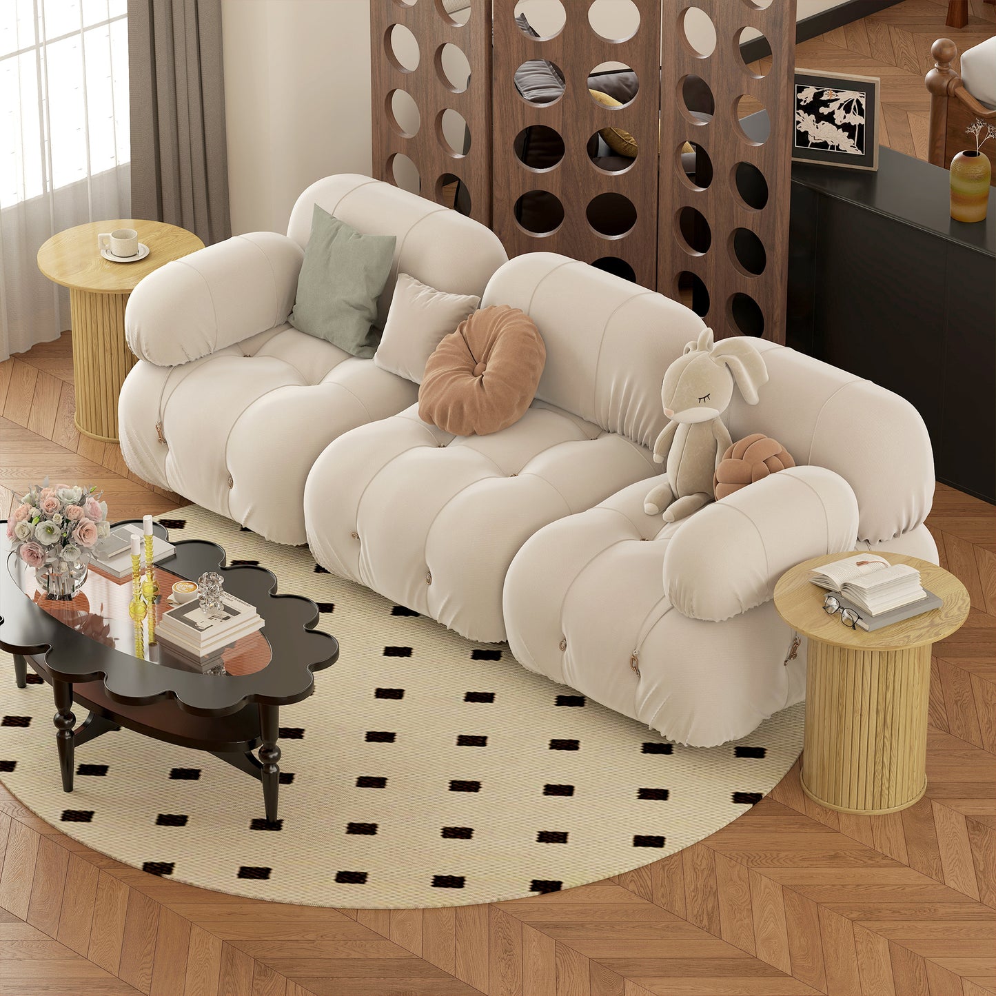 HOMCOM Round Fluted Side Table, Narrow Nightstand for Small Spaces, Oak Finish