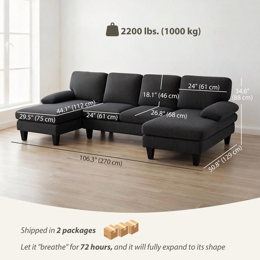 Corduroy U-Shaped Sectional with Double Chaise & Pillow-Top Arms
