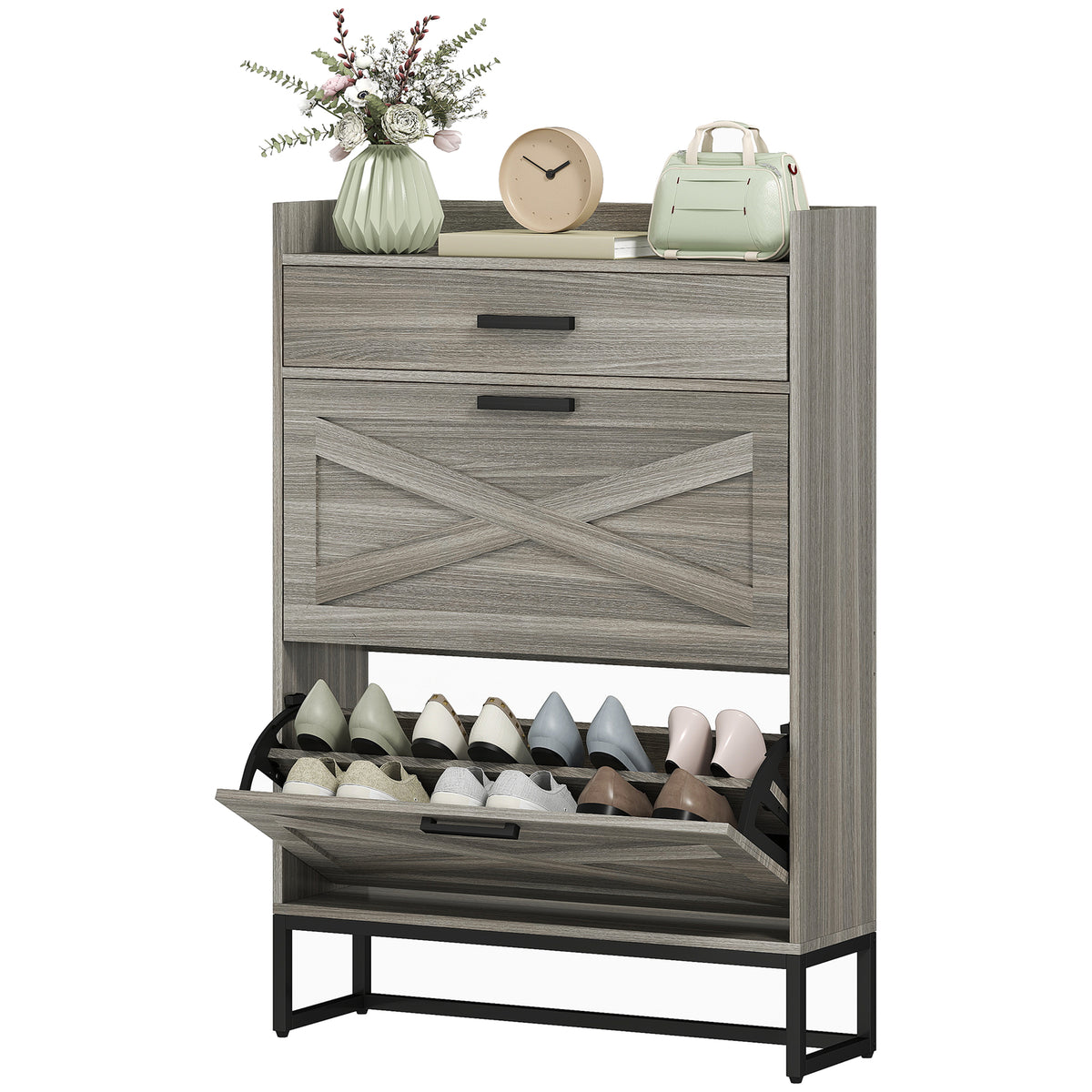 Slim Shoe Storage with 2 Flip Drawers and Adjustable Shelves – 32"W x 45"H