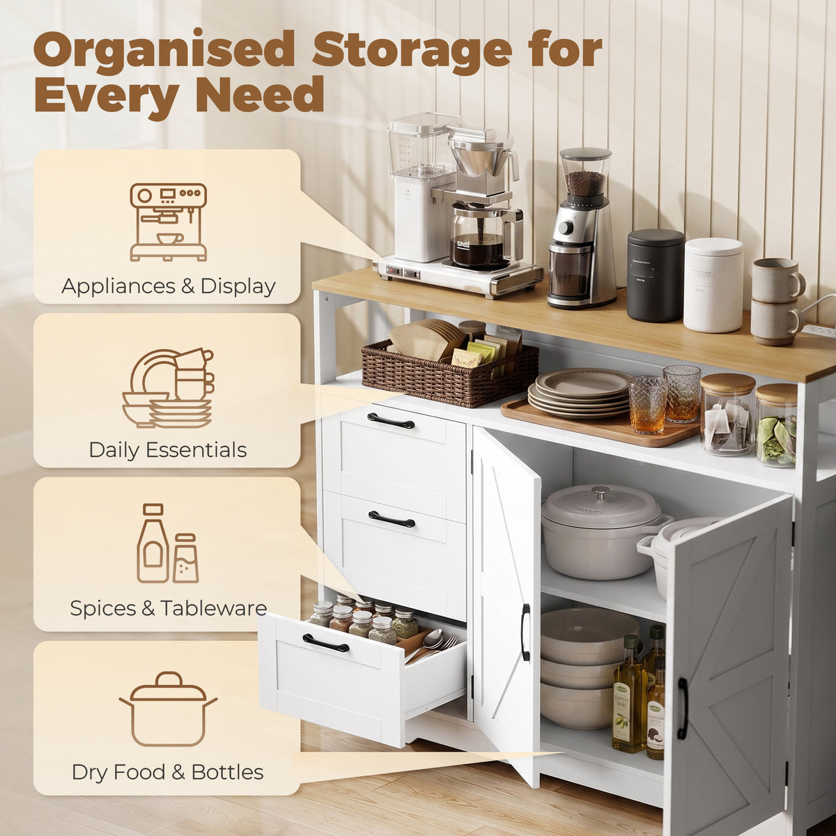 Sideboard Buffet Cabinet with Storage and Charging Station – 47"W x 37"H
