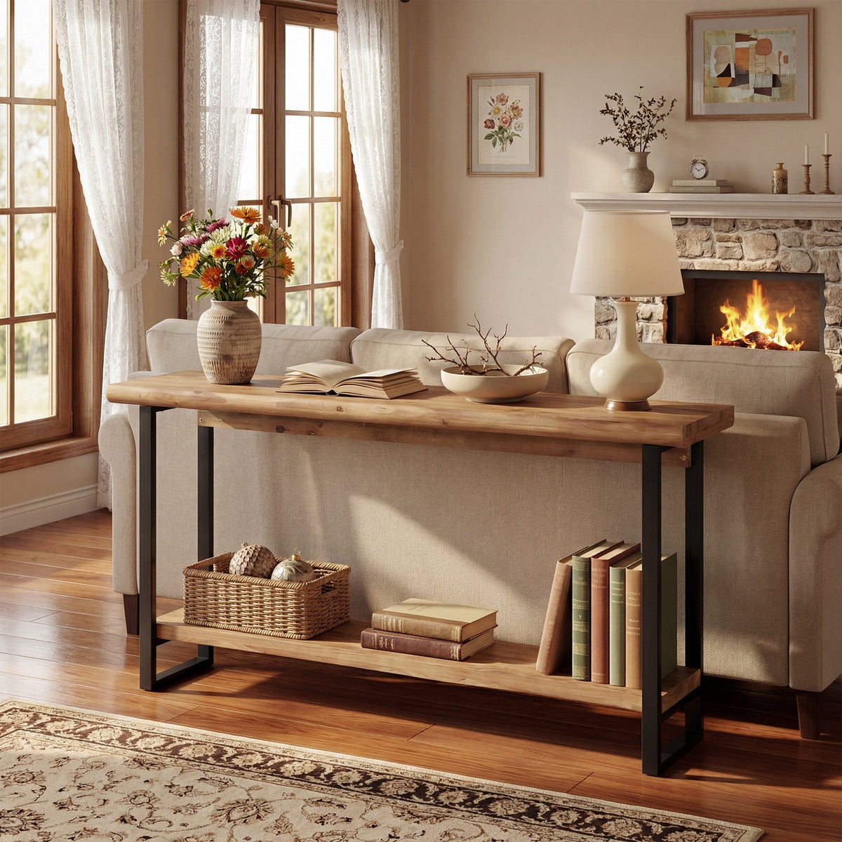 63" Solid Wood Live-Edge Console Table with Metal Legs – Narrow Farmhouse Sofa Table