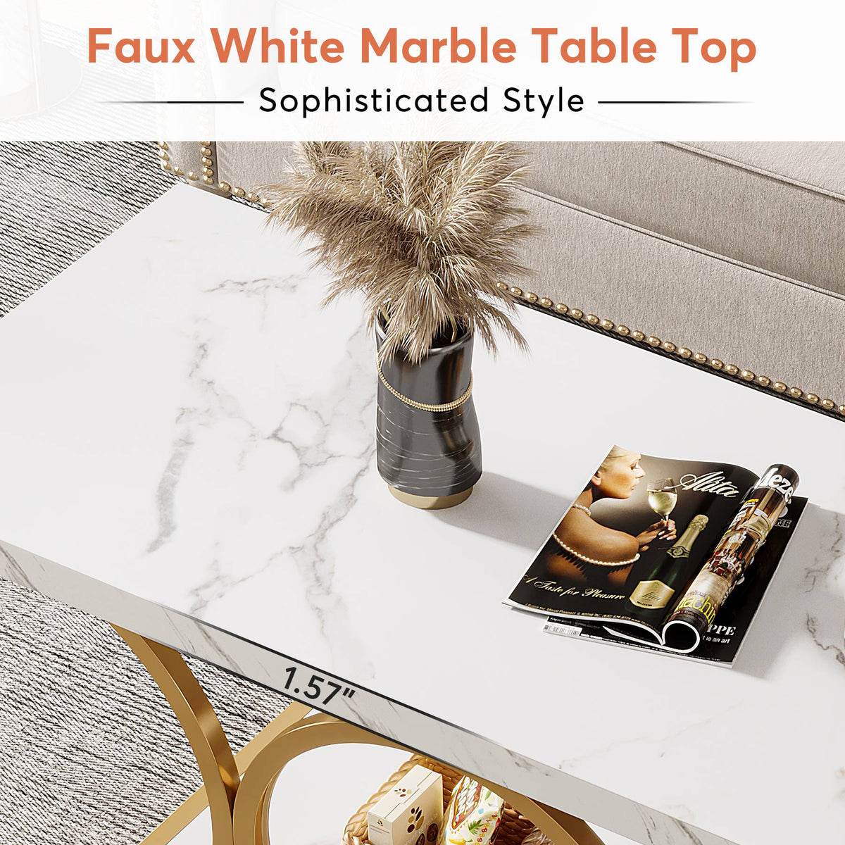 Rectangle Coffee Table, 46.45" Center Table with Faux Marble Top