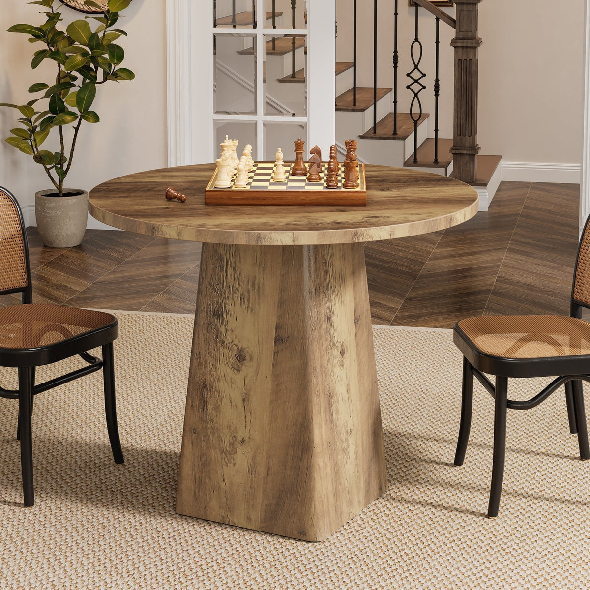 31.5" Round Dining Room, Farmhouse Kitchen Dinner Table with Square Base