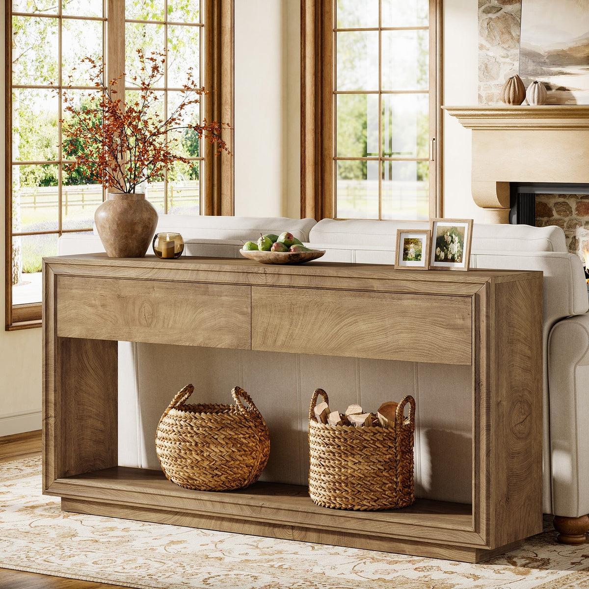63" Console Table with 2 Drawers and Shelf, Farmhouse Entryway Sofa Table for Hallway