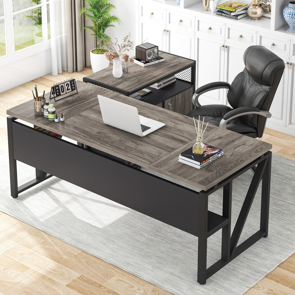 63" Computer Desk with Mobile Cabinet, L-Shaped Desk for Home Office