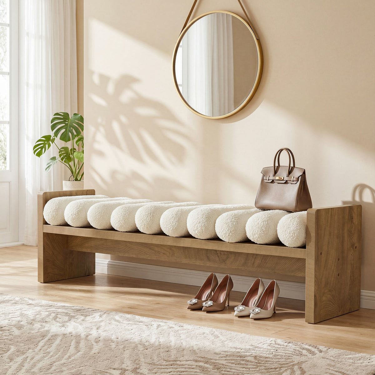 59'' Entryway Bench with Boucle Cushion, Upholstered Fabric End of Bed Bench for Hallway