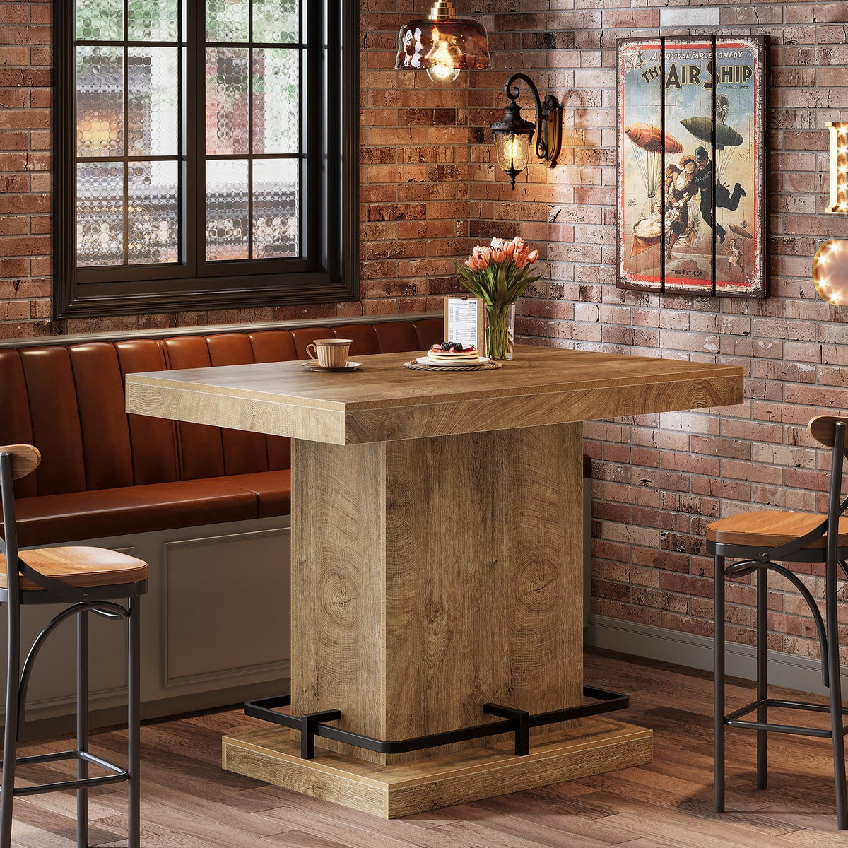 47" Bar Table, Rectangular Bistro Pub Table with Metal Footrest