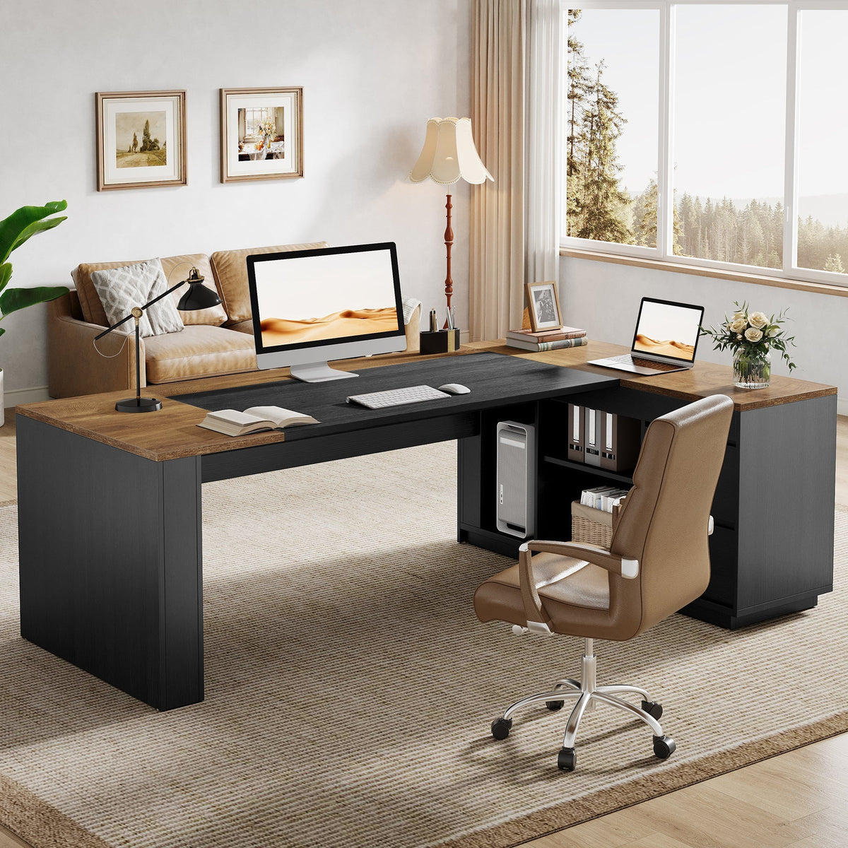 L-Shaped Executive Desk, 78.7" Computer Desk with Cabinet and Storage Shelves