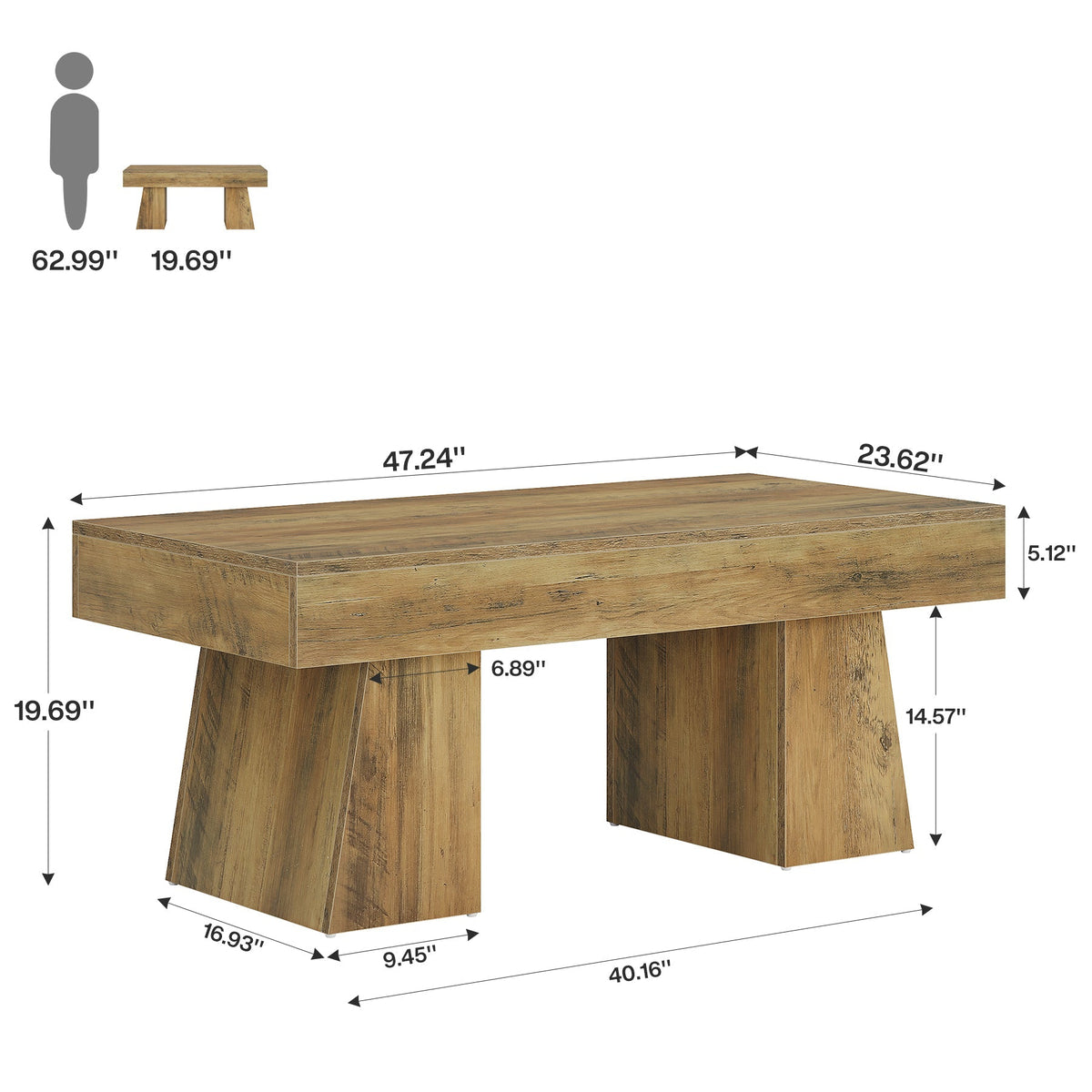 47.24" Farmhouse Coffee Table, Rectangular Center Table with Thick Base