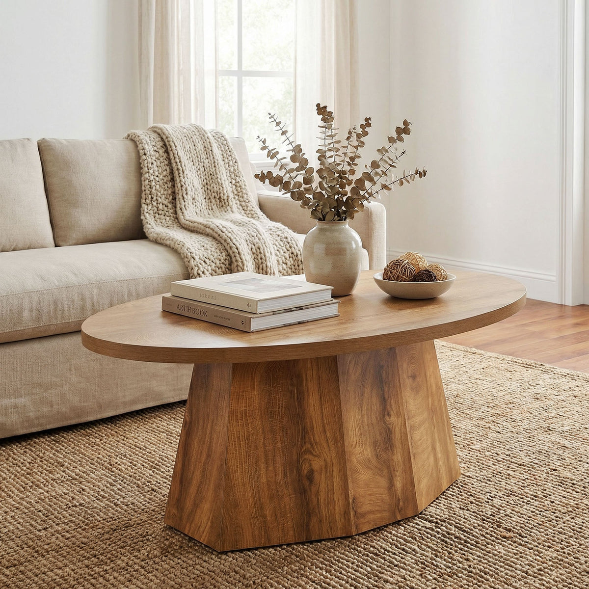 Oval Coffee Table, 47" Center Accent Table with Polygonal Pedestal for Living Room