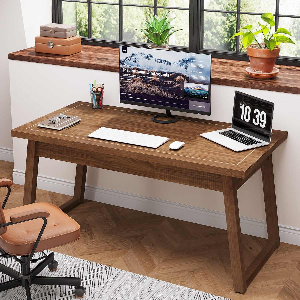 55" Computer Desk, Mid-Century Modern Study Writing Table with Drawer