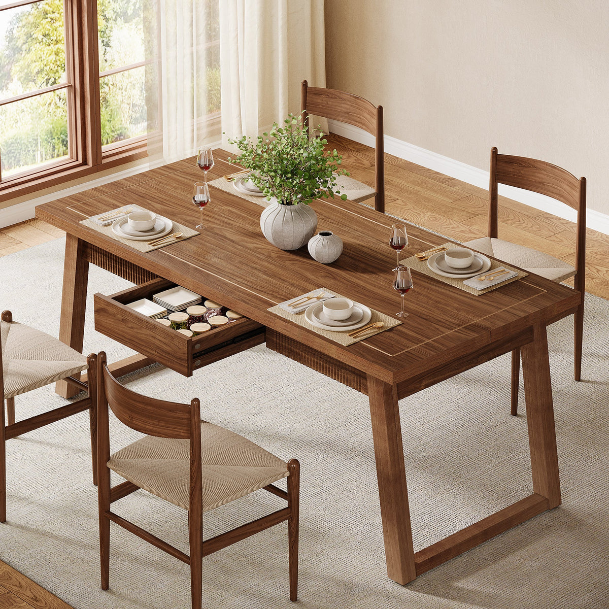55" Dining Table with Drawer, Rectangular Kitchen Table with Solid Wood Legs