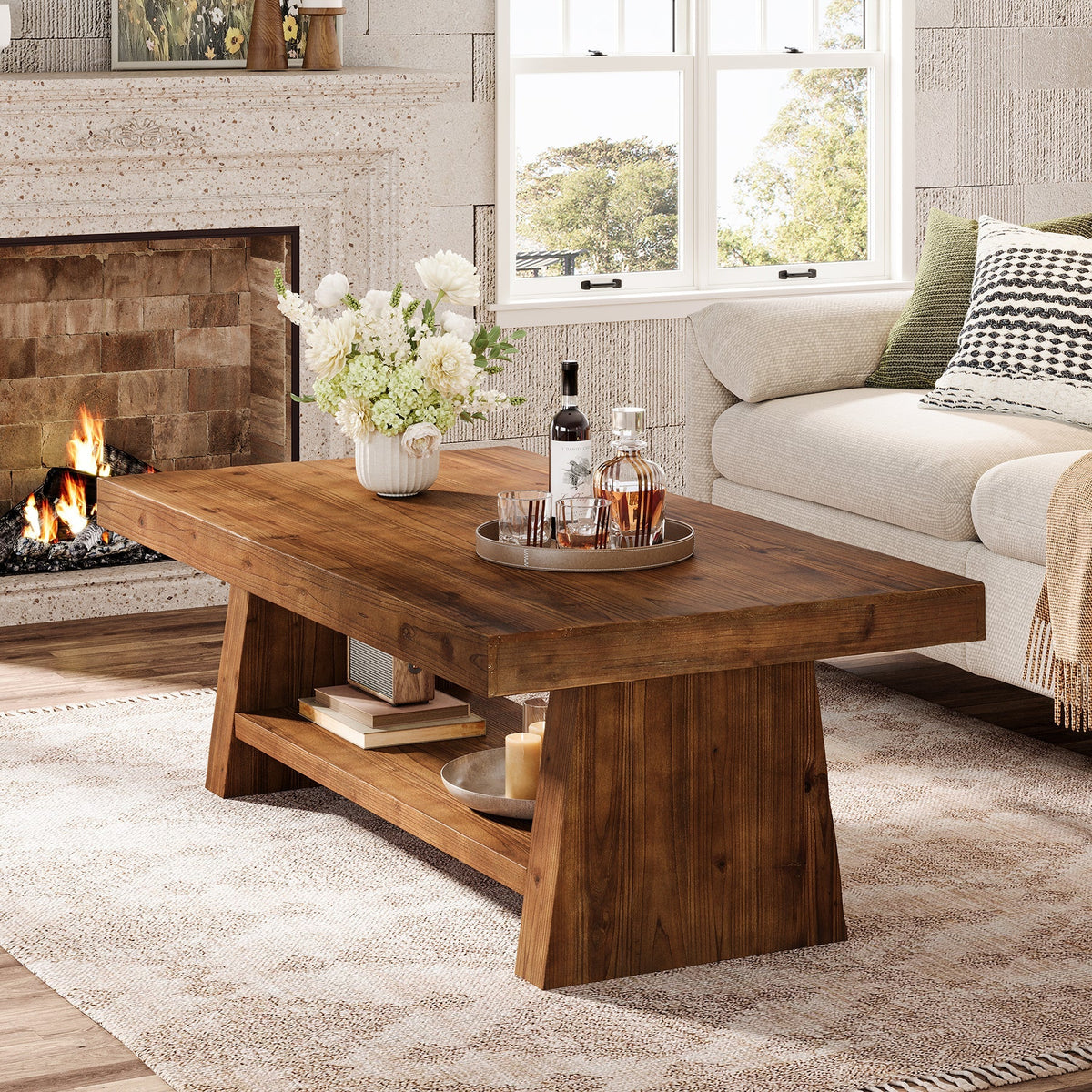 2-Tier Solid Wood Coffee Table, 47" Farmhouse Wood Center Table with Storage