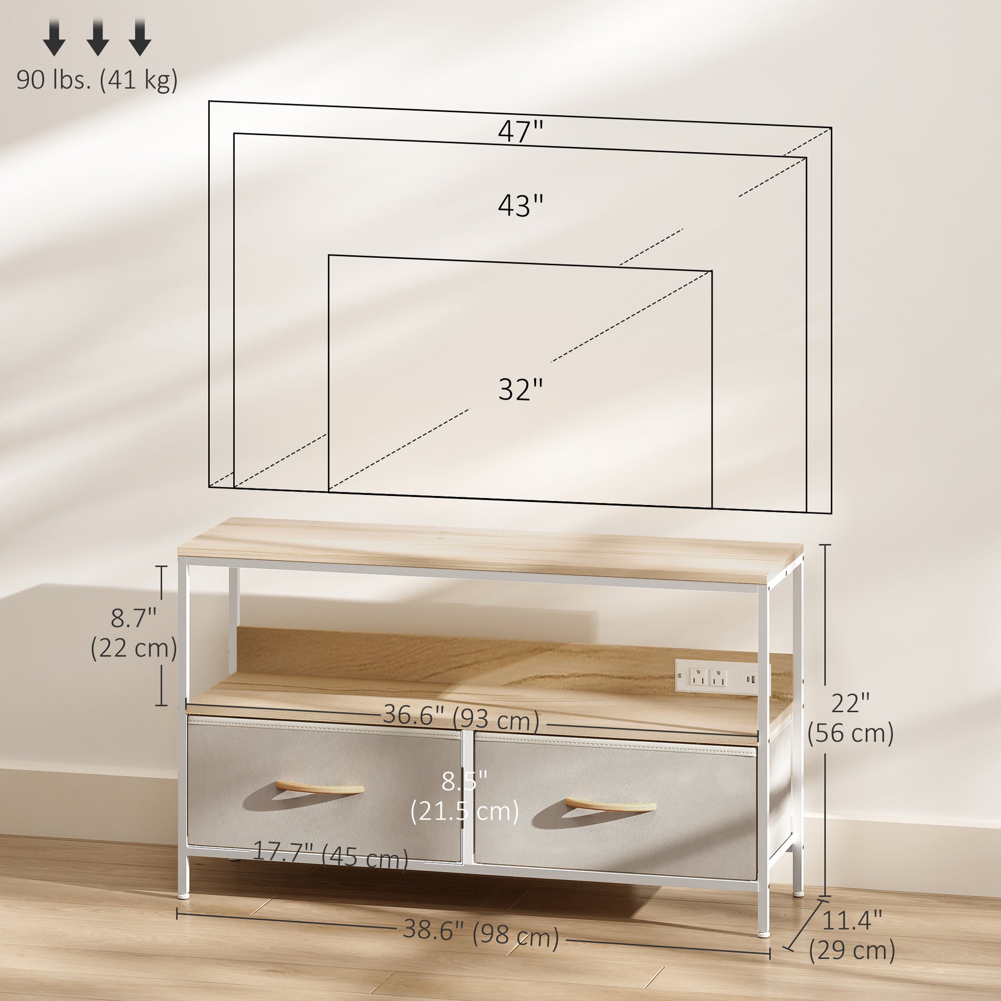 HOMCOM Modern Oak TV Stand, Charging Station, Foldable Drawers, 47-Inch TV