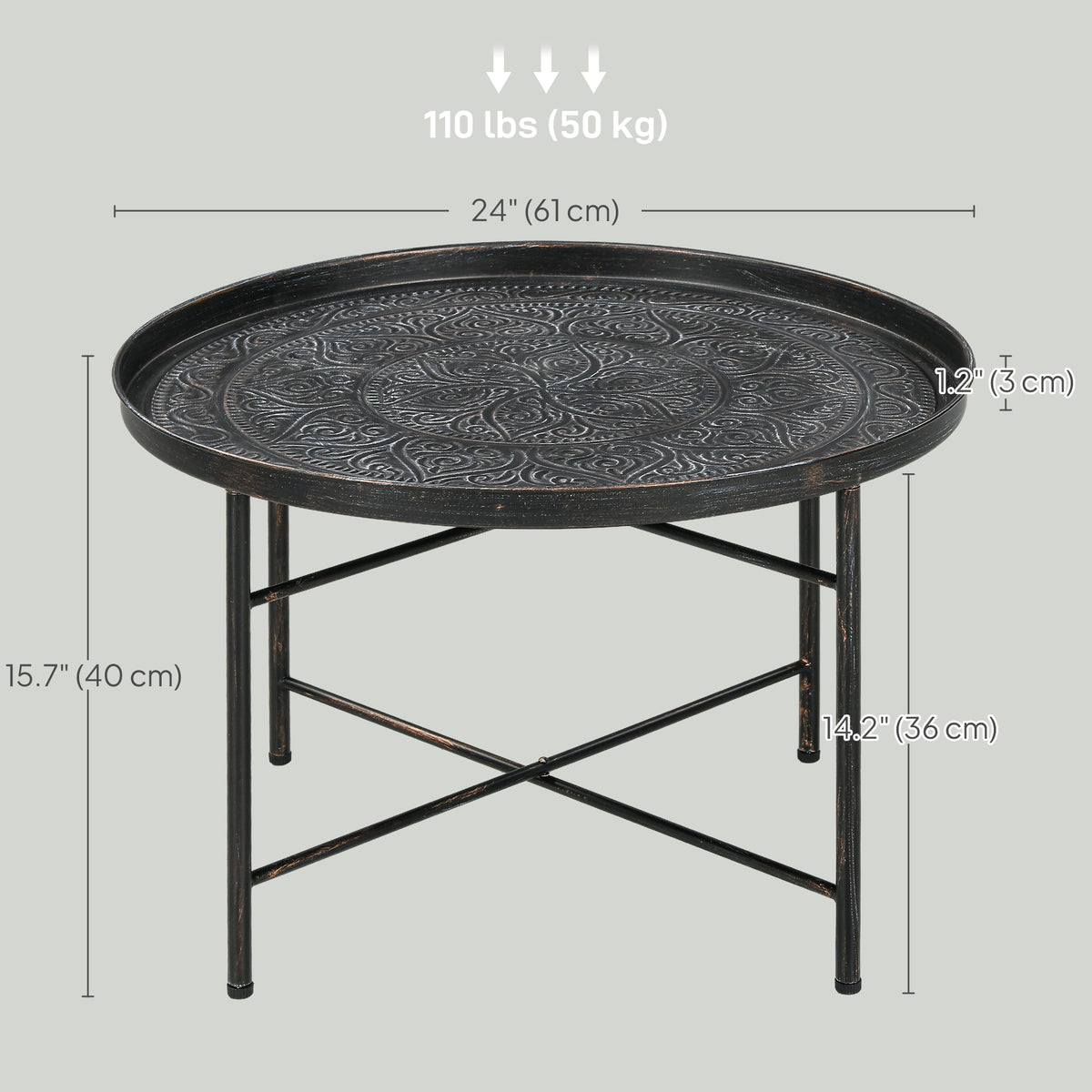 24" Round Vintage Coffee Table with Hammered Flower Tray Top, Pewter