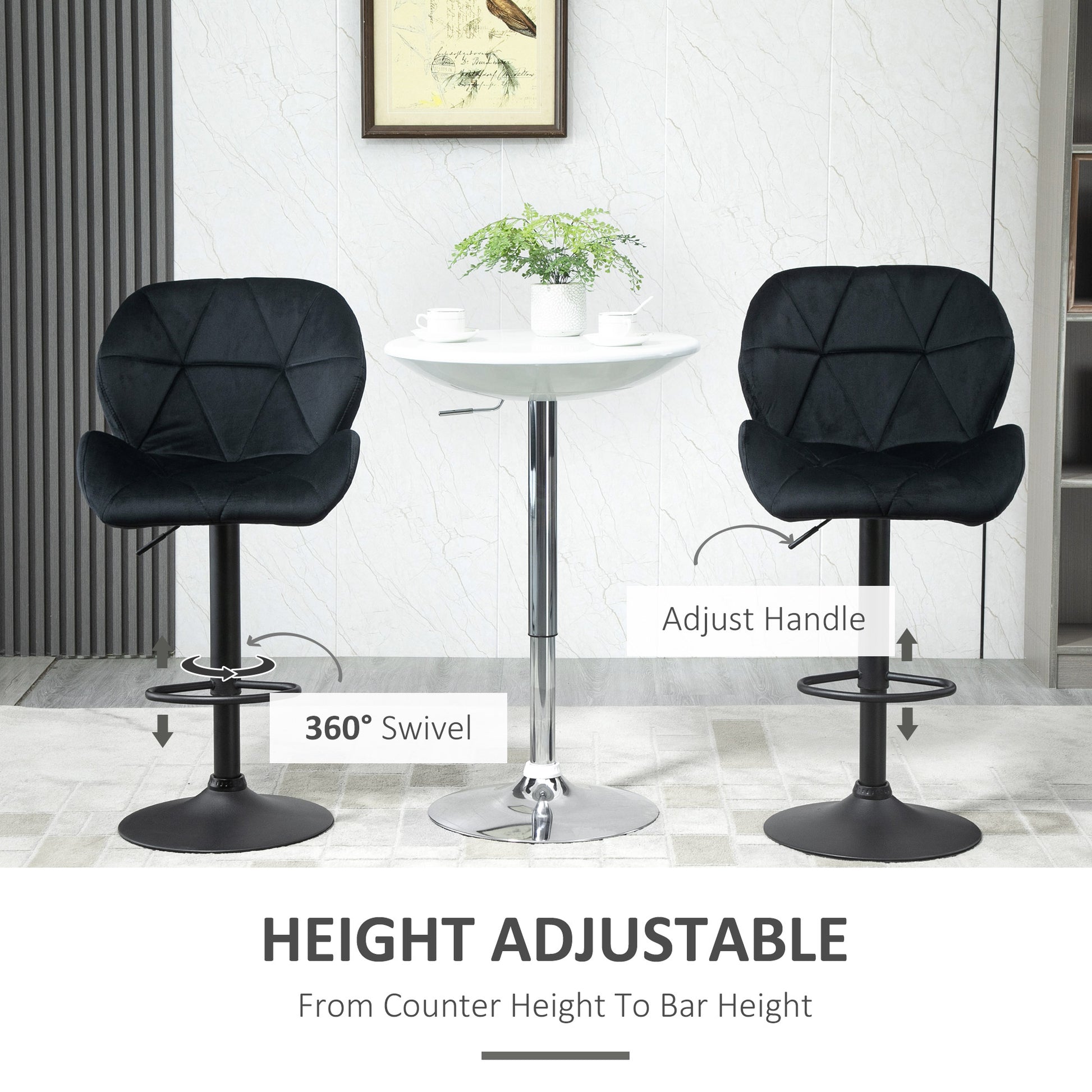 HOMCOM Black Fabric Adjustable Swivel Bar Stools Set of 2 with Armless Upholstery