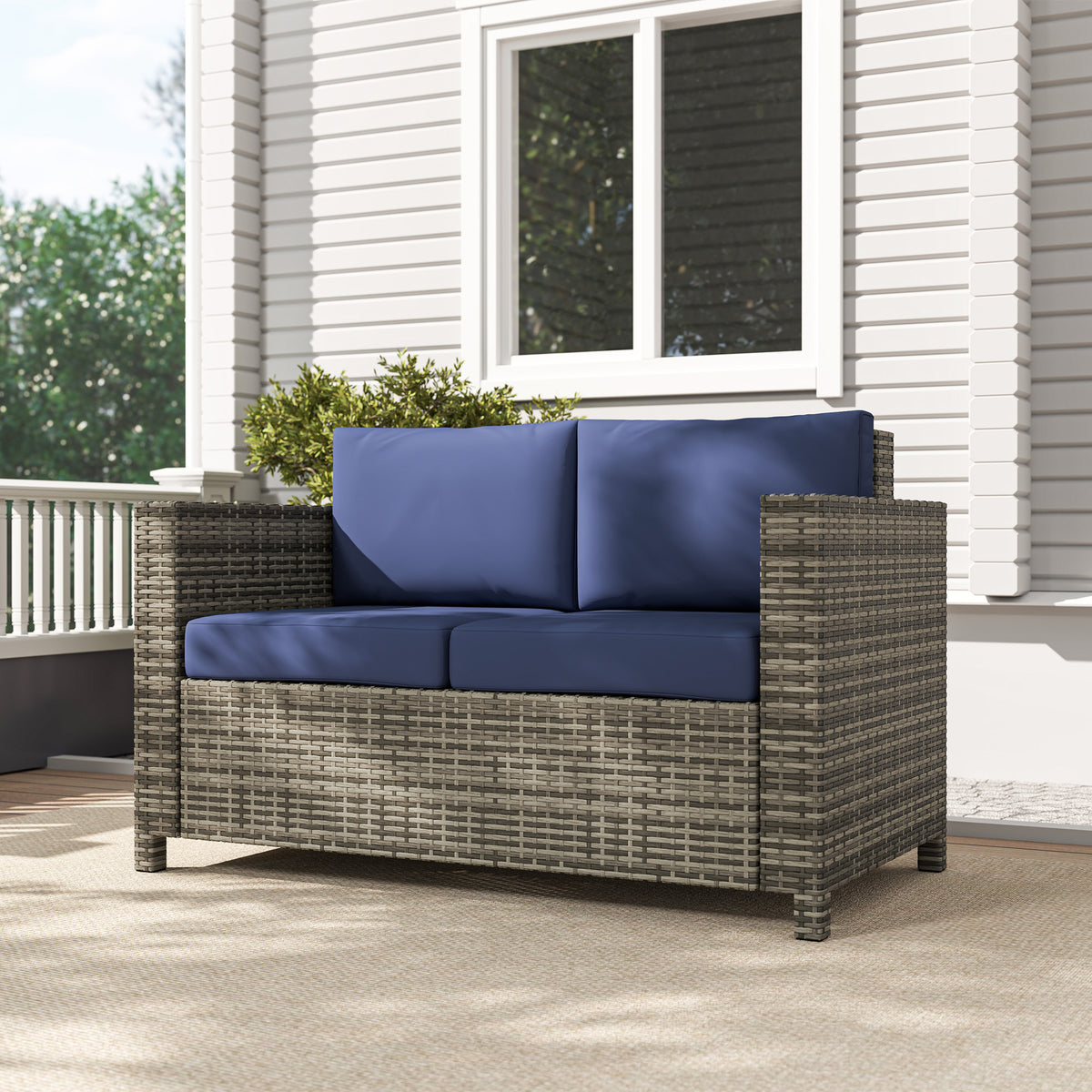 Wicker Outdoor Sofa, All Weather Patio Couch Loveseat with Cushions for Balcony, Deck, Garden, Poolside – Dark Blue