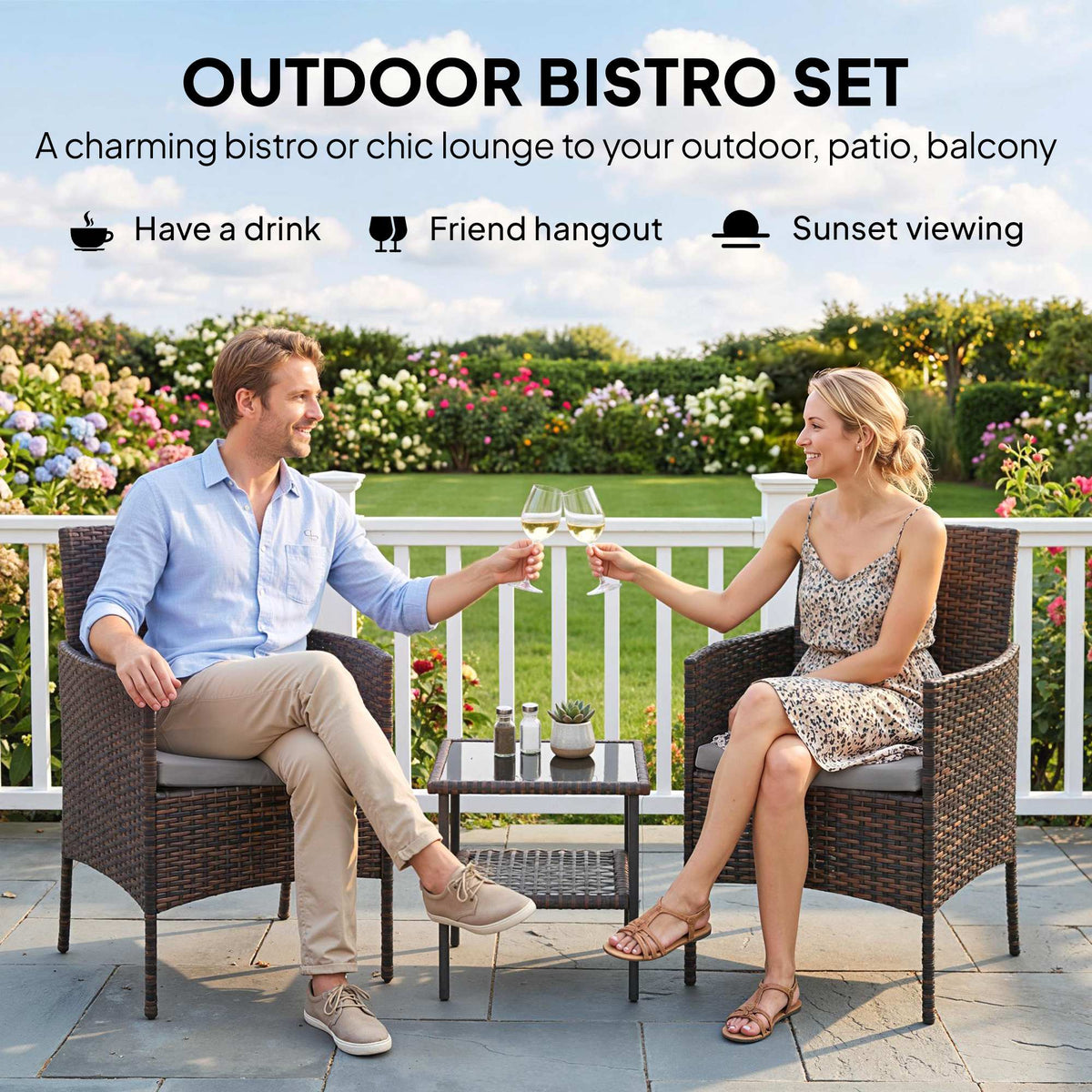 Wicker Bistro Set, 3 Piece Patio Furniture Set with 2-Tier Glass Top Table, Cushions for Balcony, Porch