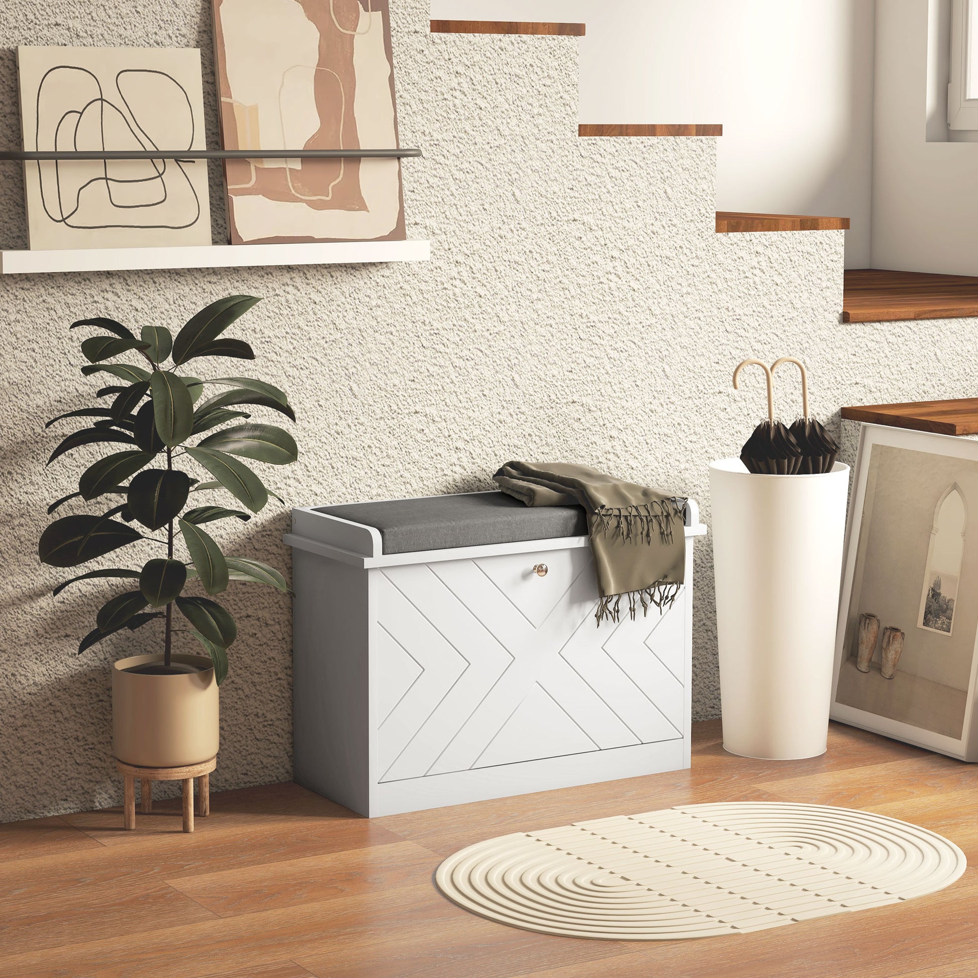 HOMCOM Upholstered Hallway Shoe Storage Bench with Flip Drawer, Adjustable Shelf