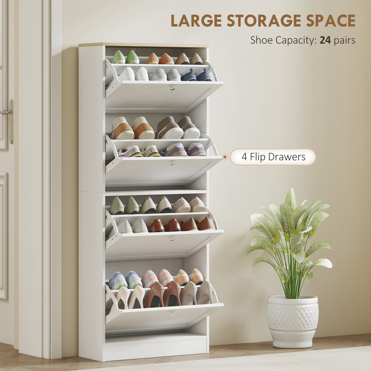 Modern Shoe Storage Cabinet with 4 Flip Drawers – 24"W x 60"H