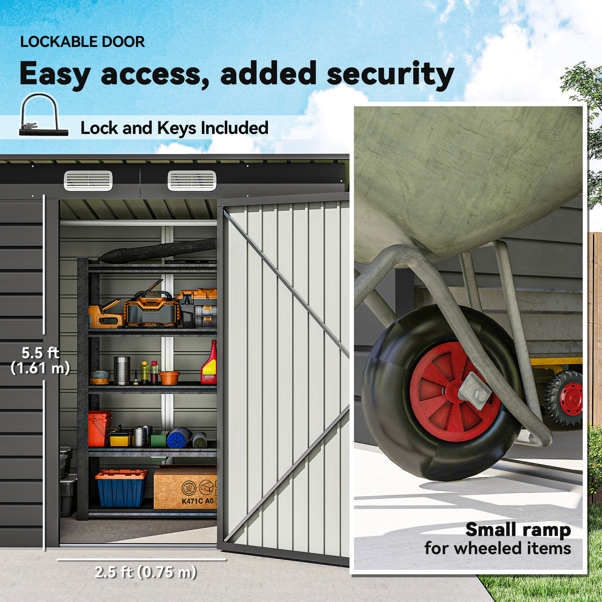 6 x 4FT Galvanized Garden Storage Shed, Metal Outdoor Shed with Double Doors and 2 Vents – Grey
