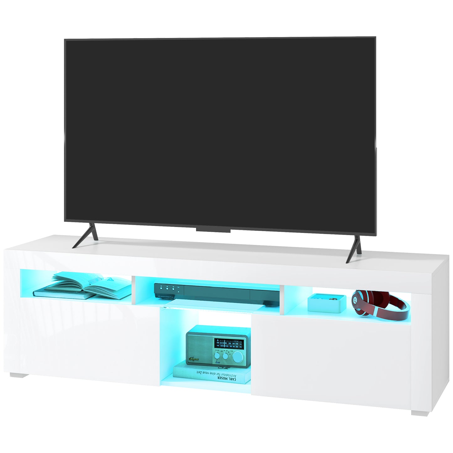 HOMCOM Modern White TV Stand with LED Lights, Storage, Open Compartments