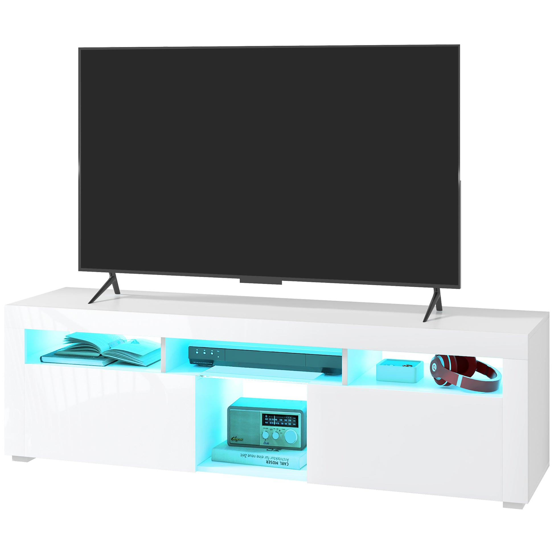 HOMCOM Modern White TV Stand with LED Lights, Storage, Open Compartments