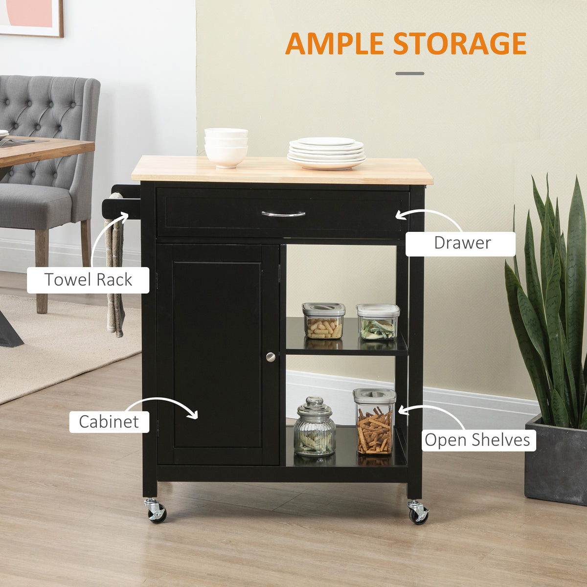 Rolling Kitchen Cart with Wood Top and Drawer – 33"W x 35"H
