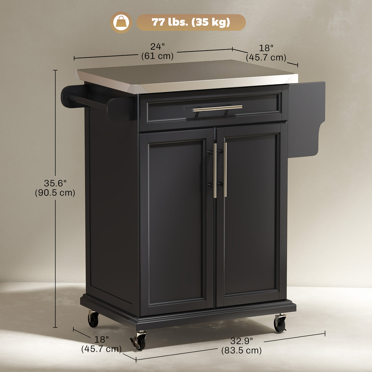 Kitchen Island with Stainless Steel Top – 33"W x 36"H