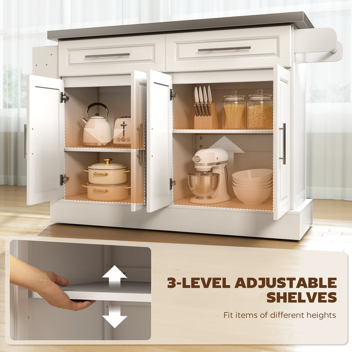 Kitchen Island with Stainless Steel Top – 57"W x 36"H