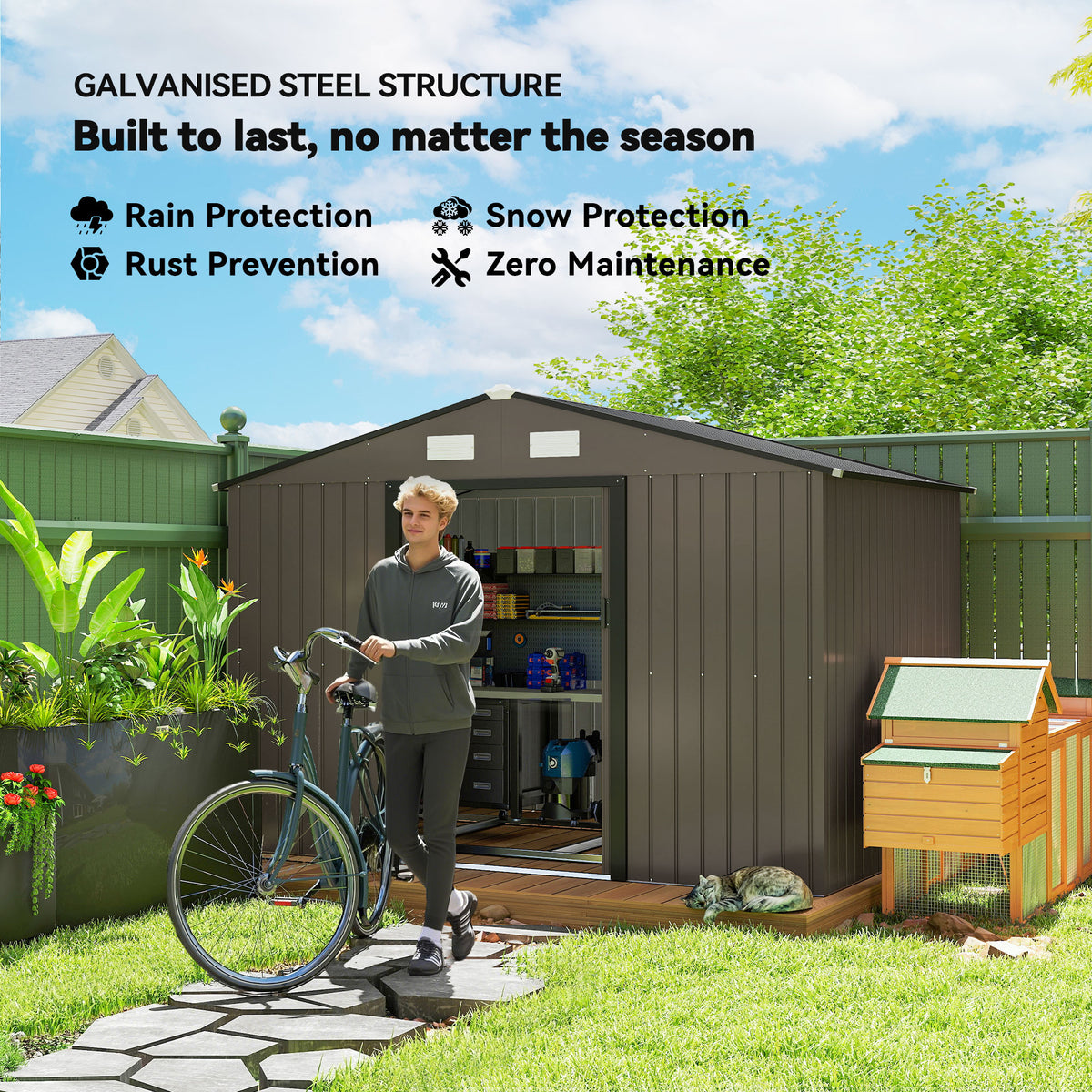 9.1'x6.4'x6.3' Garden Storage Shed, Outdoor Storage Tool House with Vents, Foundation and Lockable Double Doors – Brown