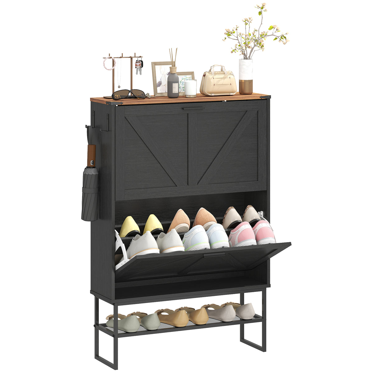 Narrow Shoe Storage Cabinet with 2 Flip Drawers – 31"W x 46"H