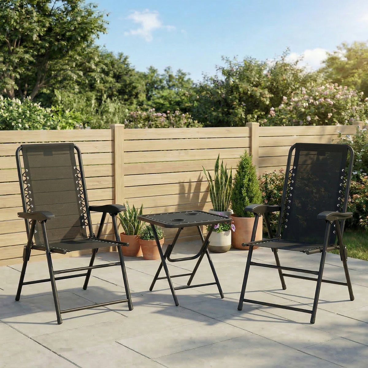 3 Pieces Patio Bistro Set, Outdoor Folding Table and Chairs Set, Metal Patio Furniture Set with Cup Holders – Black