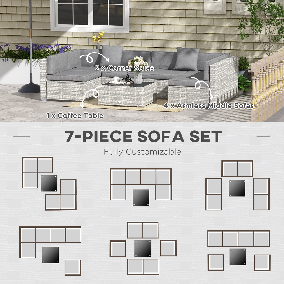 7 Pieces Outdoor Rattan Furniture Set, Patio Wicker Sectional Conversation Sofa Set – Grey