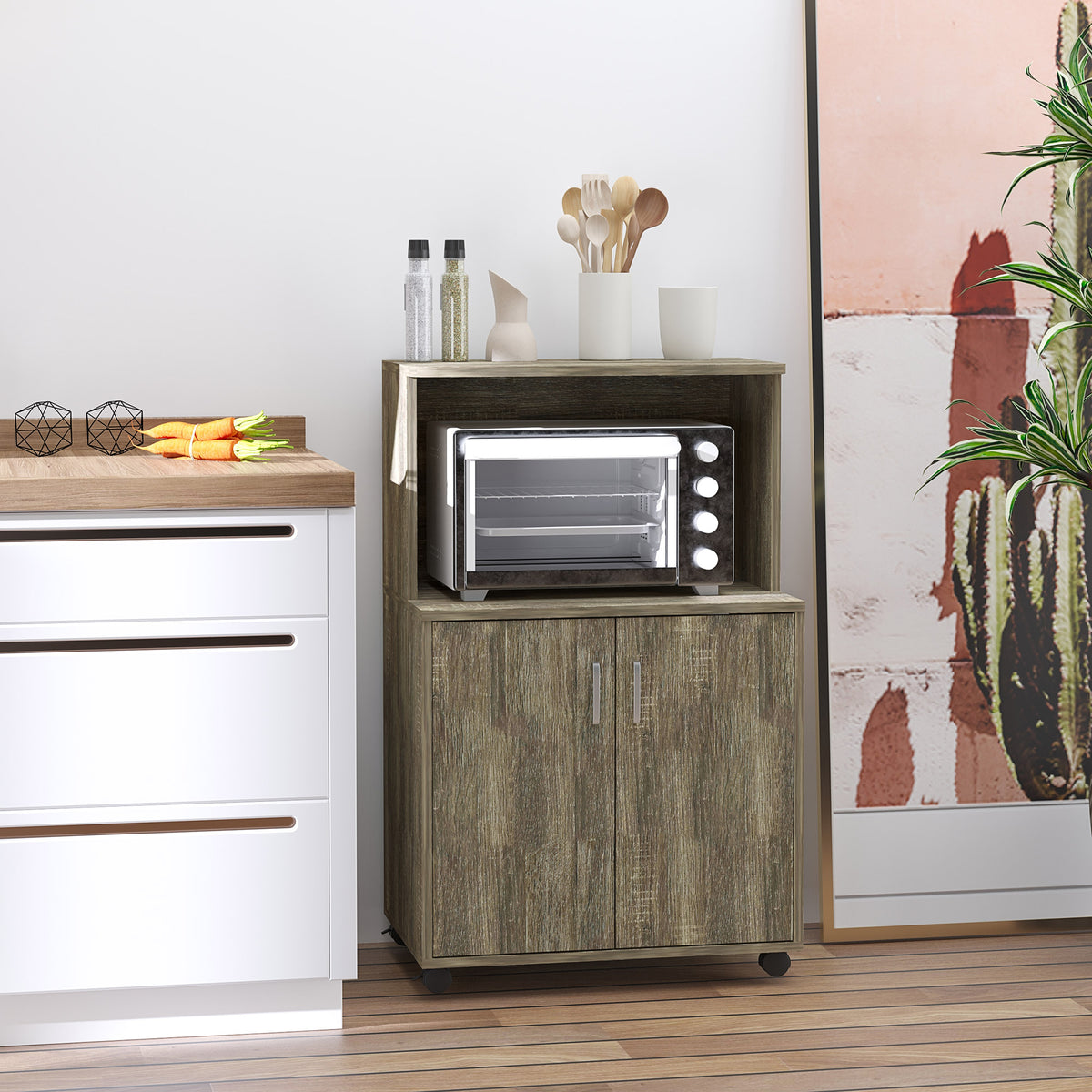 Microwave Cart with 2-Door Cabinet, Grey Wood Grain