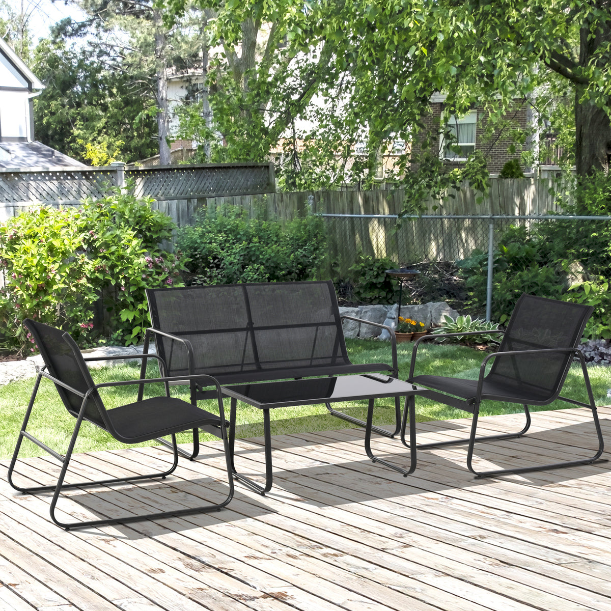 4 Piece Patio Furniture Set, Outdoor Conversation Set with Loveseat Sofa, Armchairs, Glass Top Coffee Table