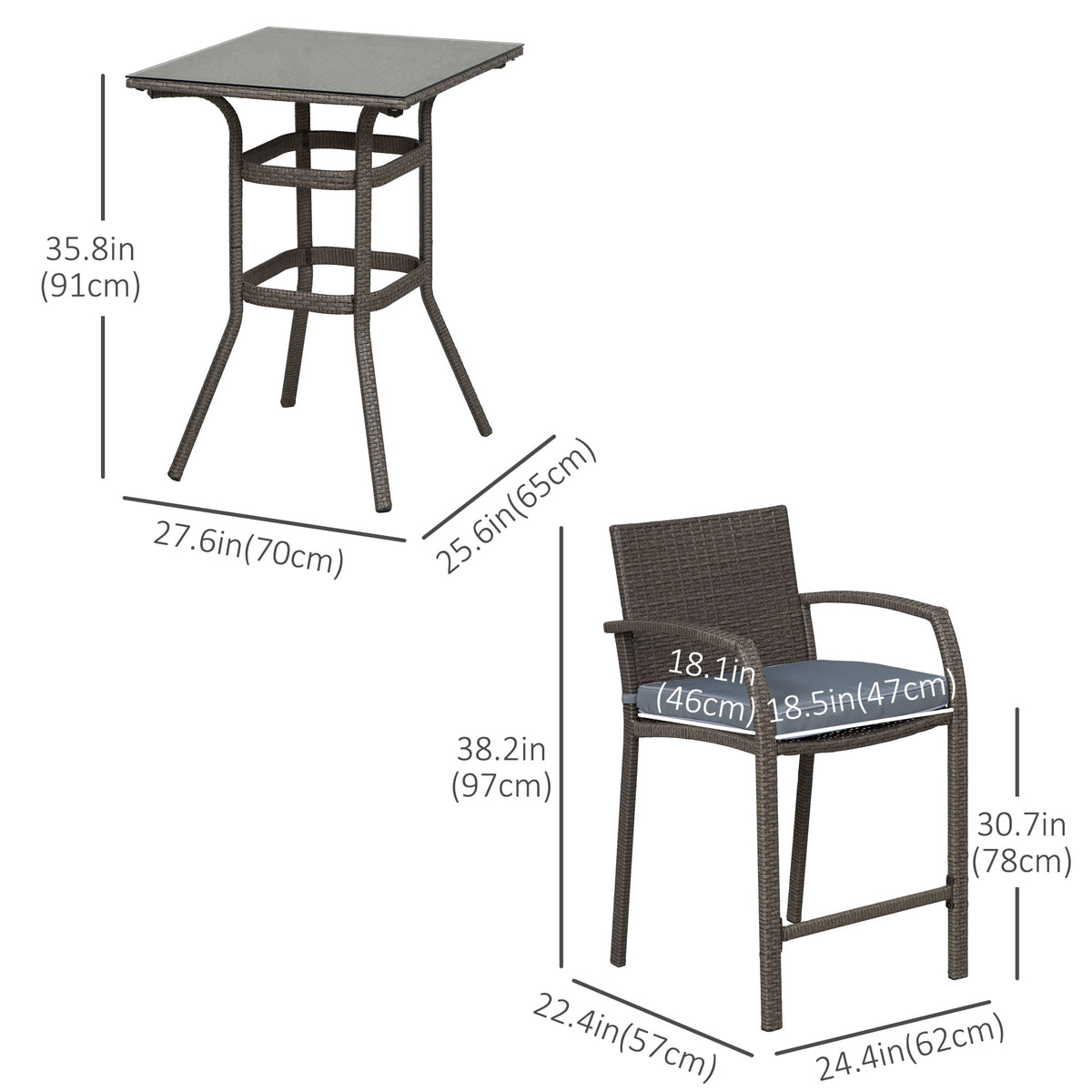3 Pieces Patio Bar Set Wicker Garden Bistro Set Outdoor Furniture PE Rattan Table and Stools with Seat Cushion