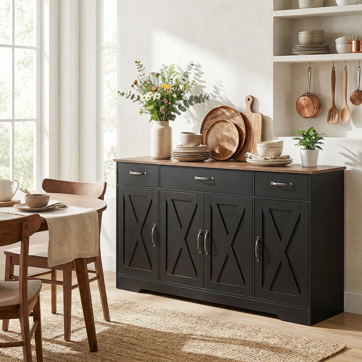 Farmhouse Kitchen Cabinet with 4 Barn Doors – 55"W x 32"H