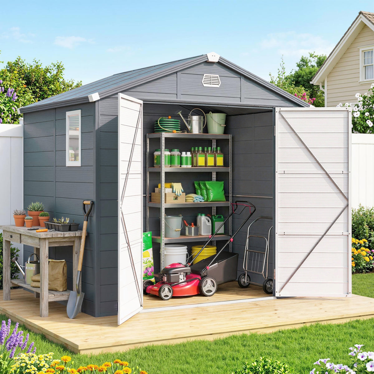 8' x 6' Garden Storage Shed, Outdoor Tool & Equipment Storage House with Wide Door, Foundation Kit, Vents, Window – Dark Grey