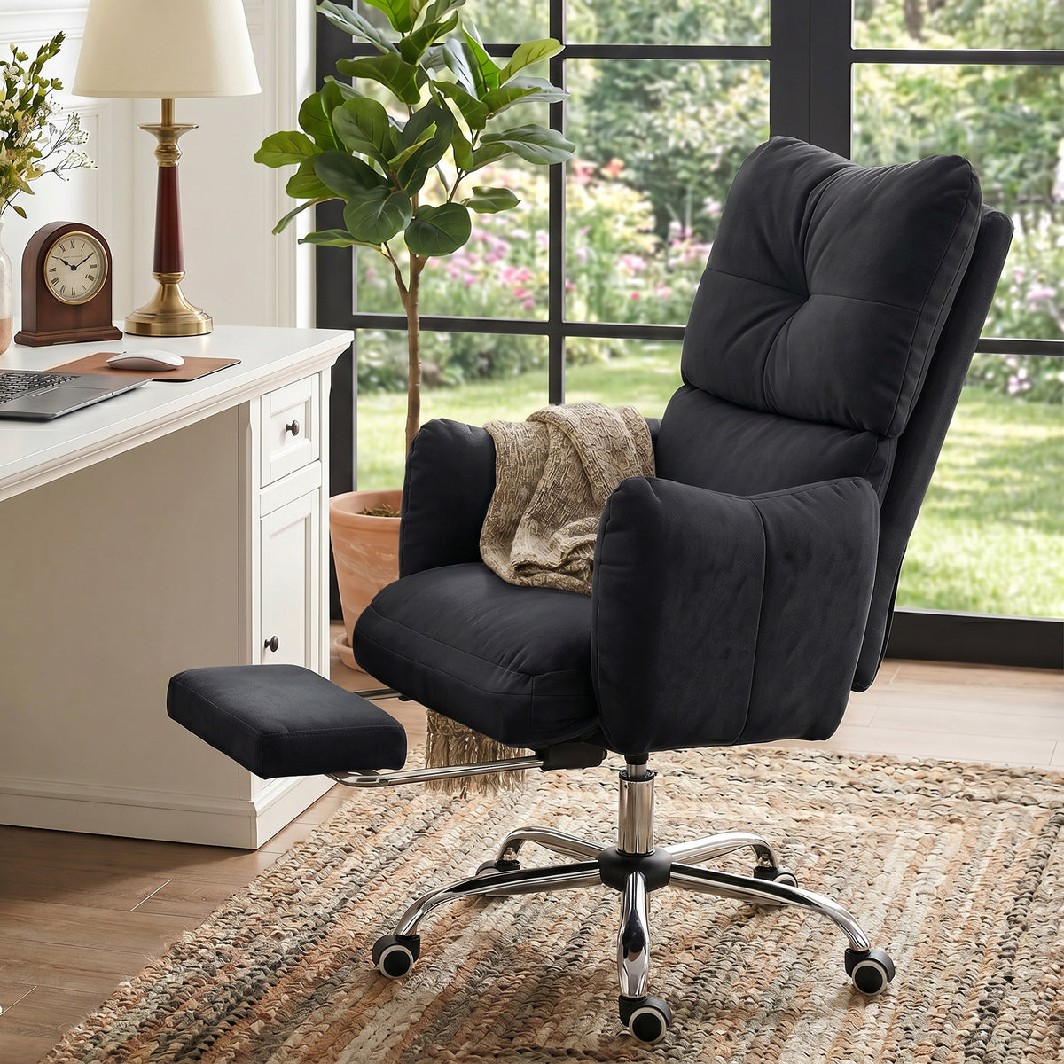 Office Chair with Footrest, Ergonomic Reclining Computer Gaming Chair with Snow Flannel Fabric, Black