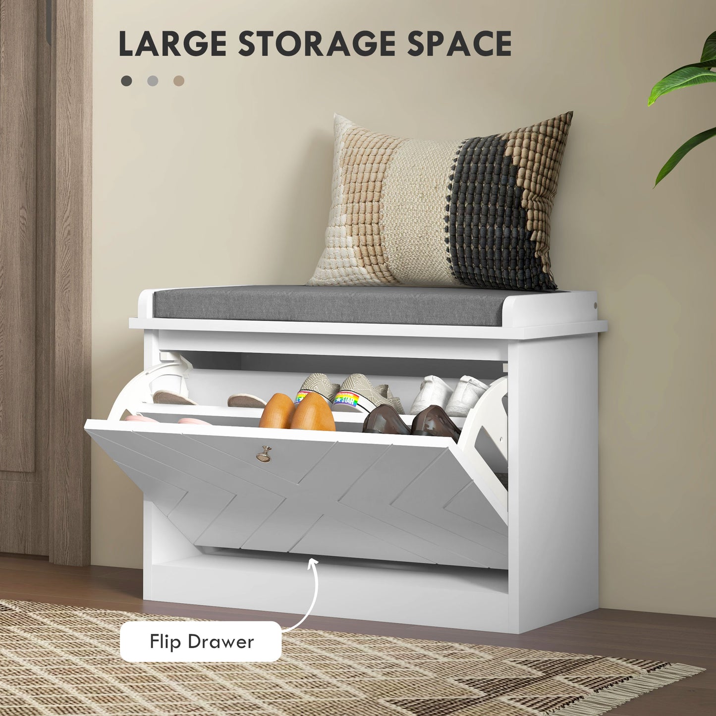 HOMCOM Upholstered Hallway Shoe Storage Bench with Flip Drawer, Adjustable Shelf