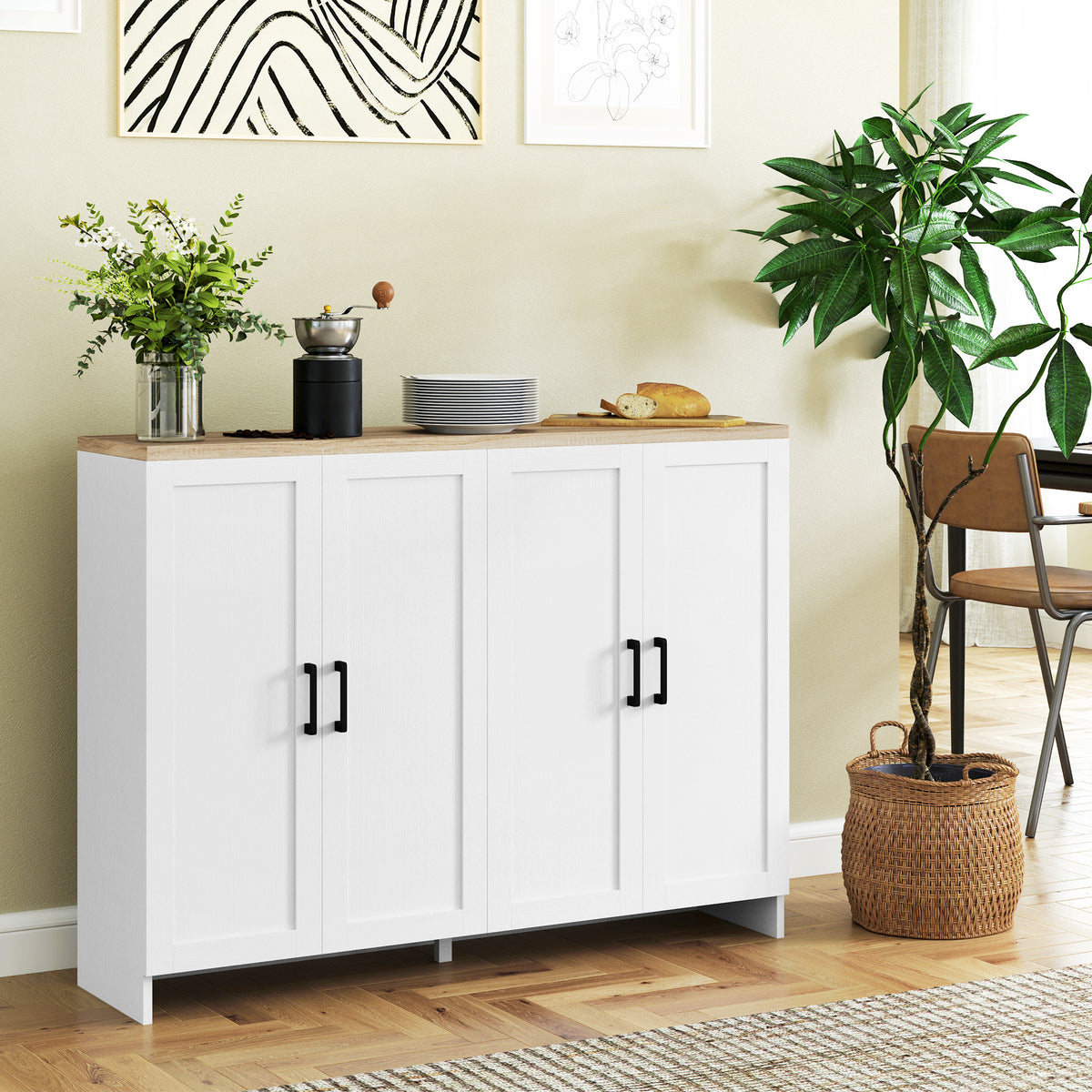 Modern Kitchen Storage Cabinet with 4 Doors Adjustable Shelves – 47"W x 35"H